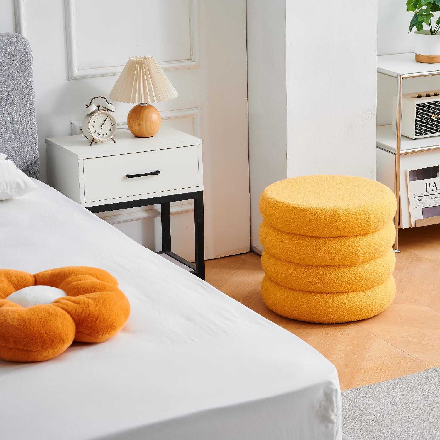 Round Storage Ottoman, Modern Sherpa Footstool with Flip-Top