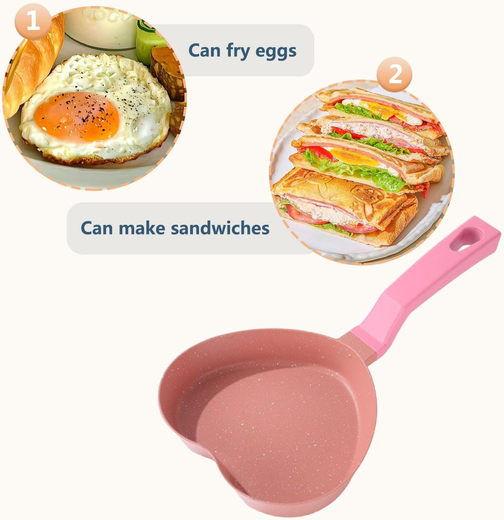Pink Mini Nonstick Small Frying Pan with Unique Heart-shaped with Granite Coating, Multi-functional Frying Pan for Cooking