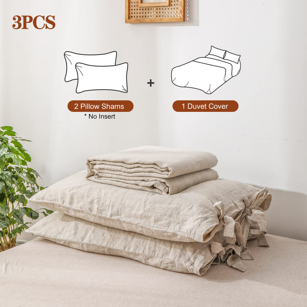 The 100% Linen Duvet Cover Set, 3 Pieces Belgian Flax Breathable Bedding,(1 Comforter Cover+2 Pillowshams) with Tie Closure Style