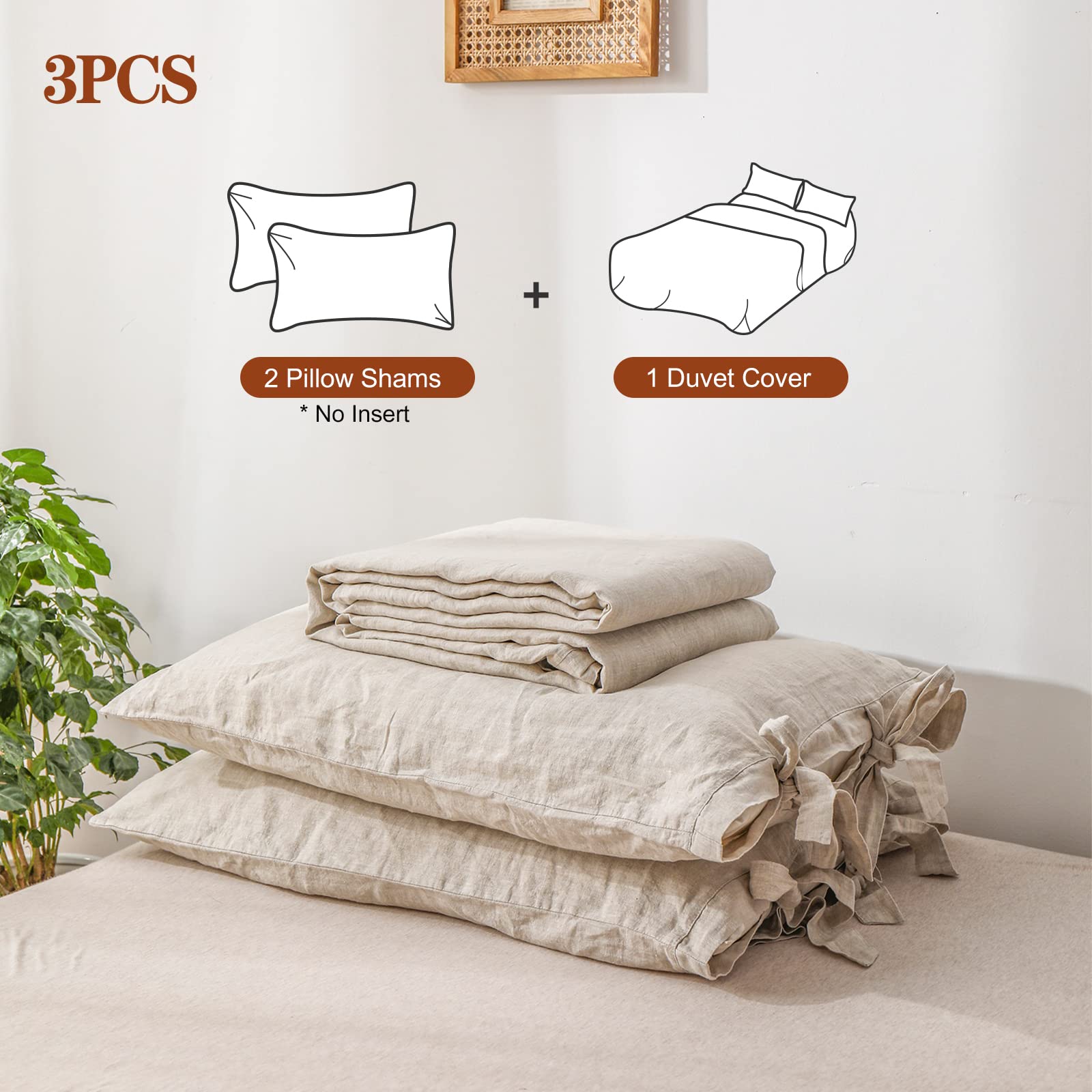 The 100% Linen Duvet Cover Set, 3 Pieces Belgian Flax Breathable Bedding,(1 Comforter Cover+2 Pillowshams) with Tie Closure Style