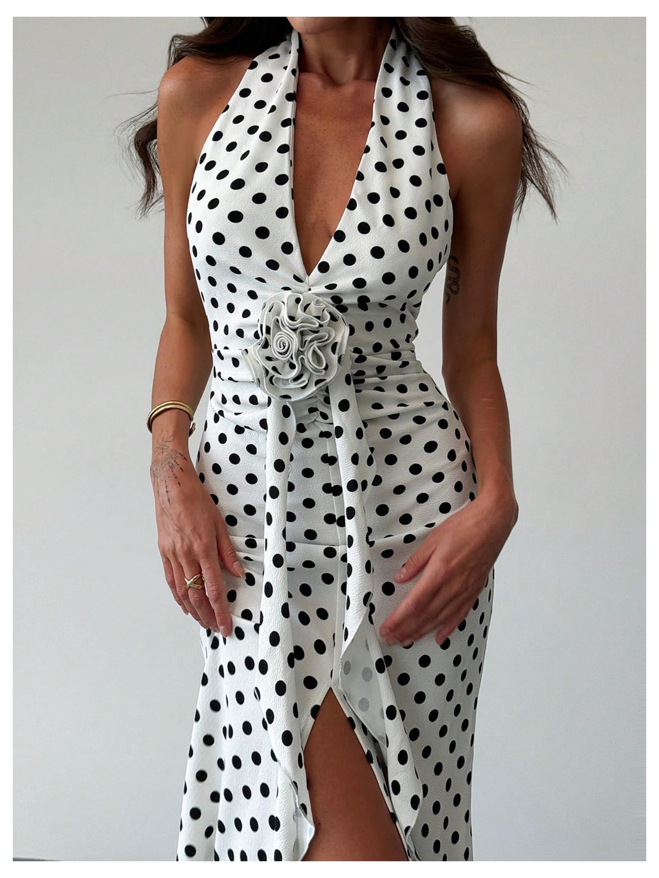 Women's Polka Dots Halter Dress High Split Deep V Neck Backless Bodycon Maxi 3D Flower Dresses