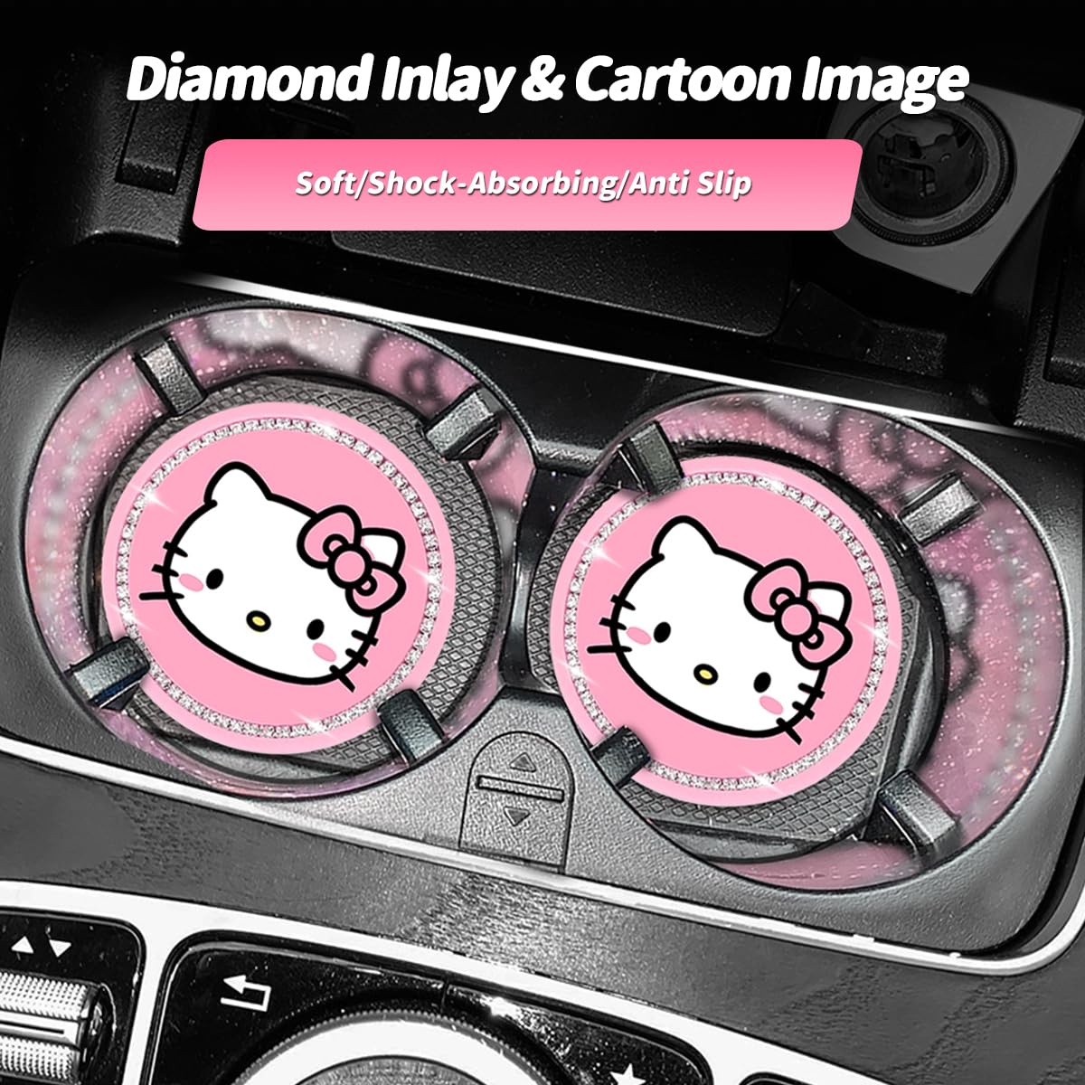 Cute Kitty Cup Holder Coasters, Black Silicone Anti-Slip Car Coasters, Cup Pads for Home Office, Universal 2.75 Inch 2PCS