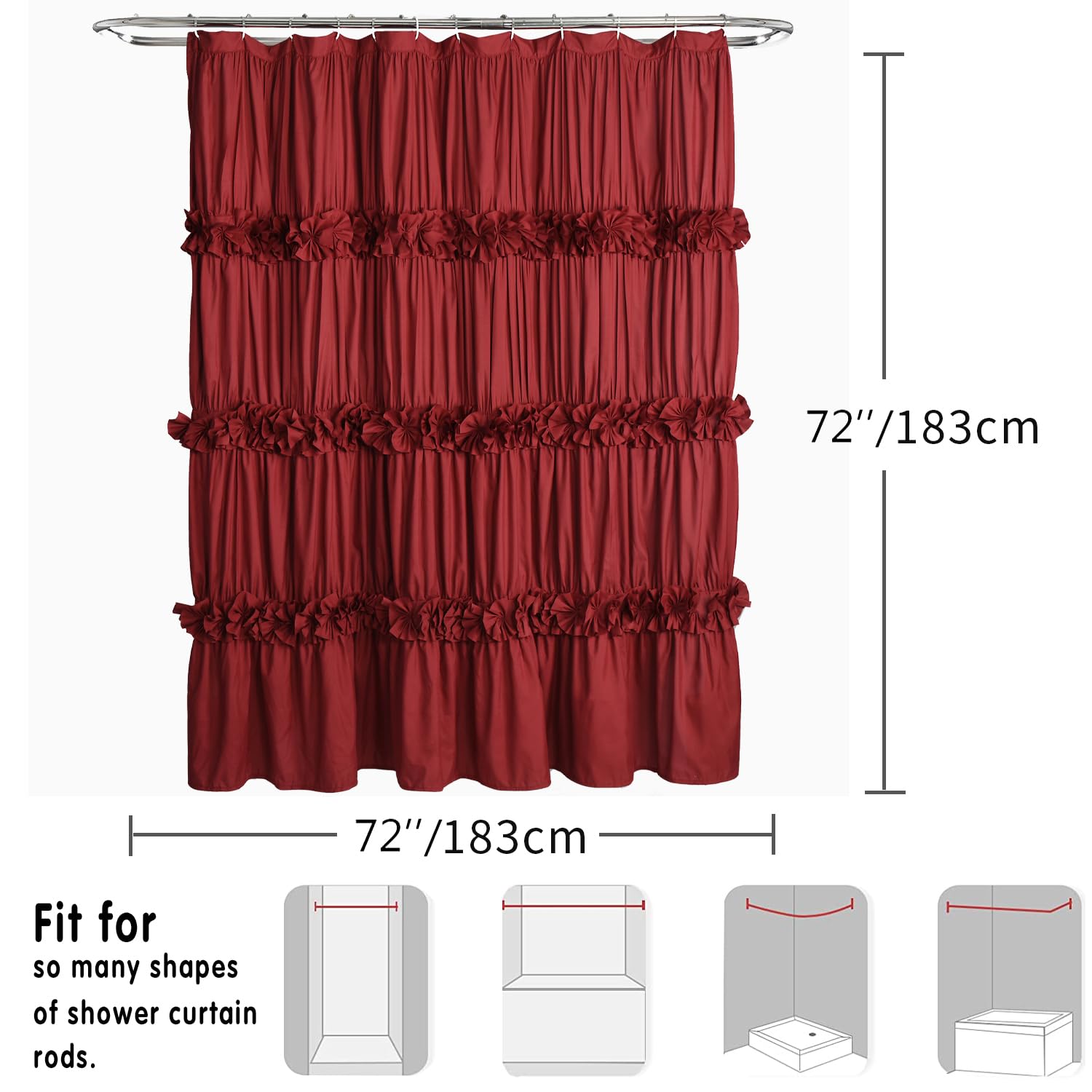 Victorian Bow Tie Ruffle Shower Curtain, with 12 Buttonholes, 72" W x 72" H, White (LQ-10)