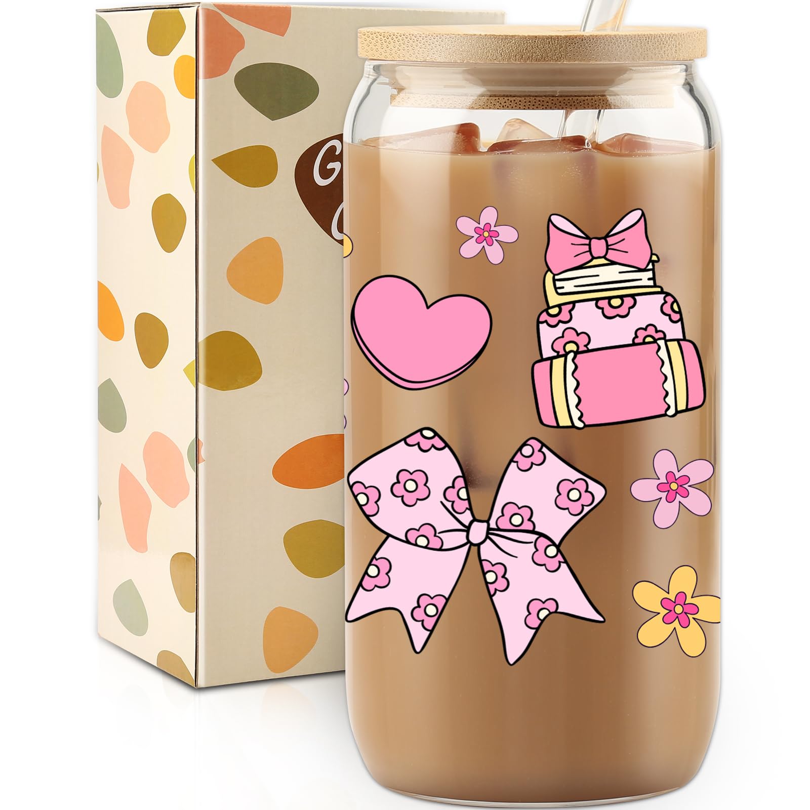 Cherry Bow Cup, Birthday Gifts for Women, Girly Gifts for Her, Sister, Mom, Colleague - 16 OZ Glass Tumbler with Straw & Lid, Coquette Iced Cup