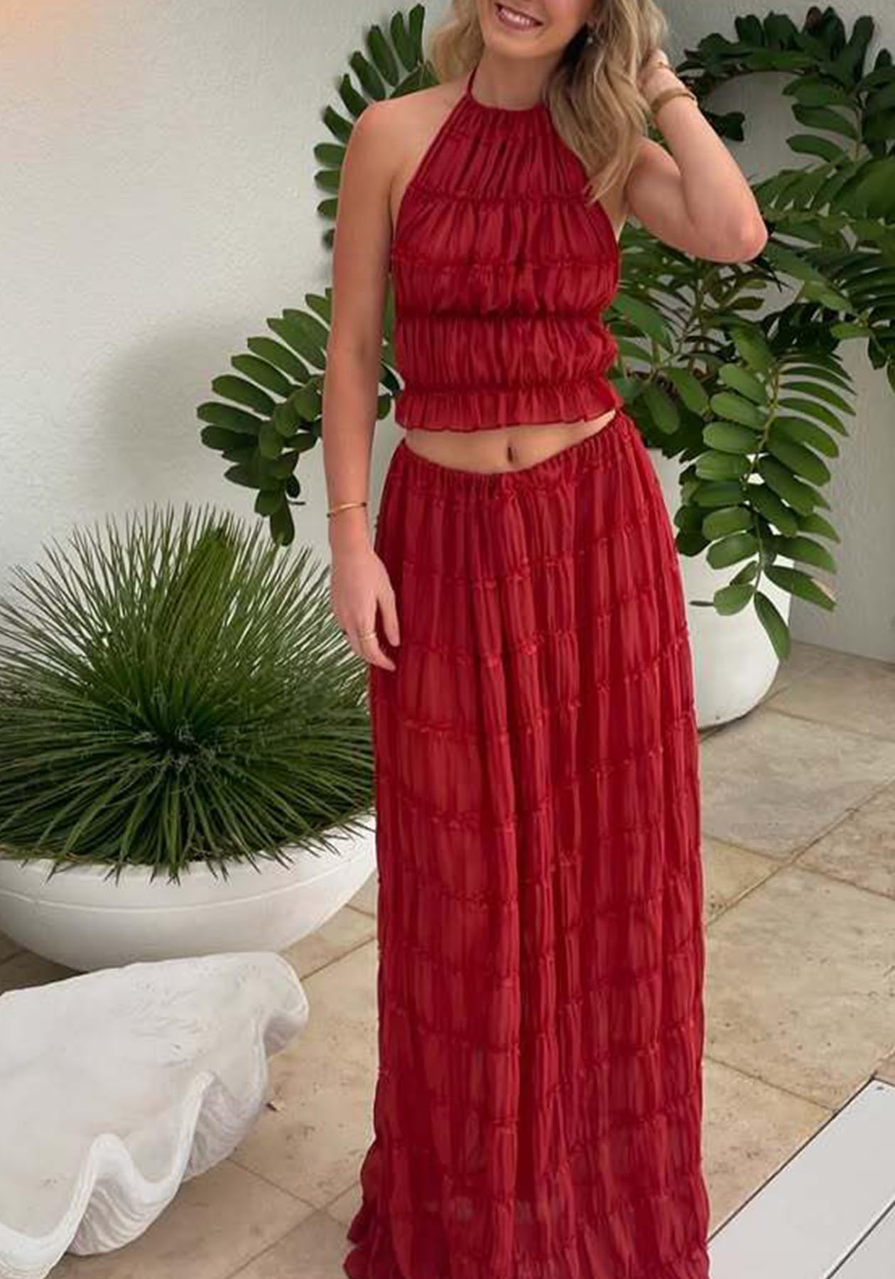 Skirt Sets Women 2 Piece Outfits Backless Halter Top And Pleated Ruffle Flowy Maxi Skirts Y2k Beach Vacation Set