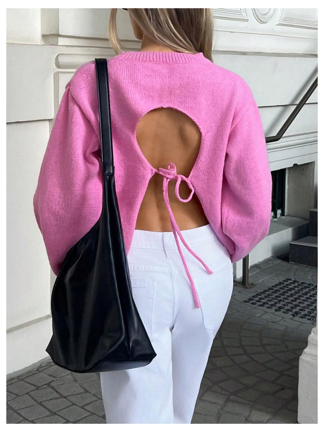 Women's Bow Open Back Sweater Top Trendy Long Sleeve Backless Drop Shoulder Mock Neck Cable Knit Sweaters