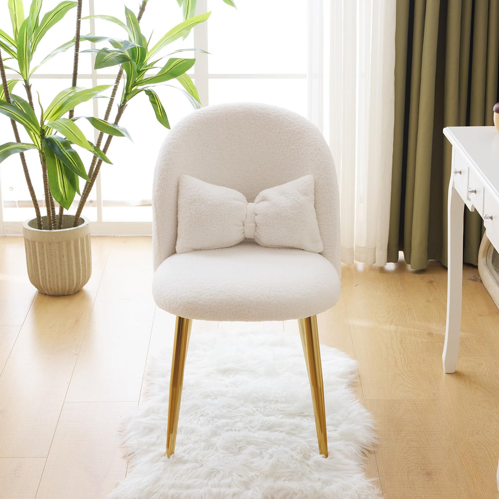Cute, non-wheeled desk chair with backrest, fluffy cushion, cozy makeup chair with adjustable golden legs