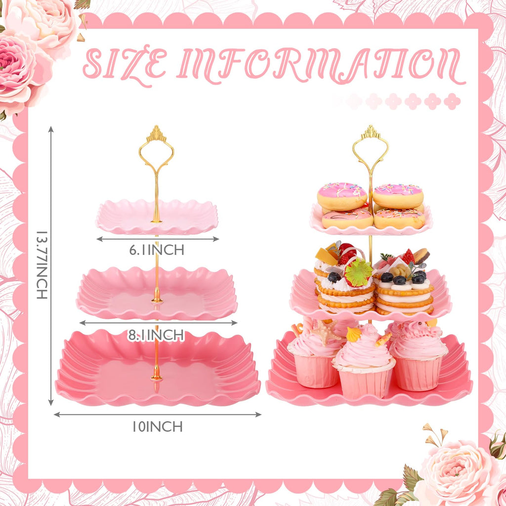 Dessert 2 Pack 3 Tier Cupcake Stand Pink Plates Plastic Square Tiered Serving Stand Display Tower