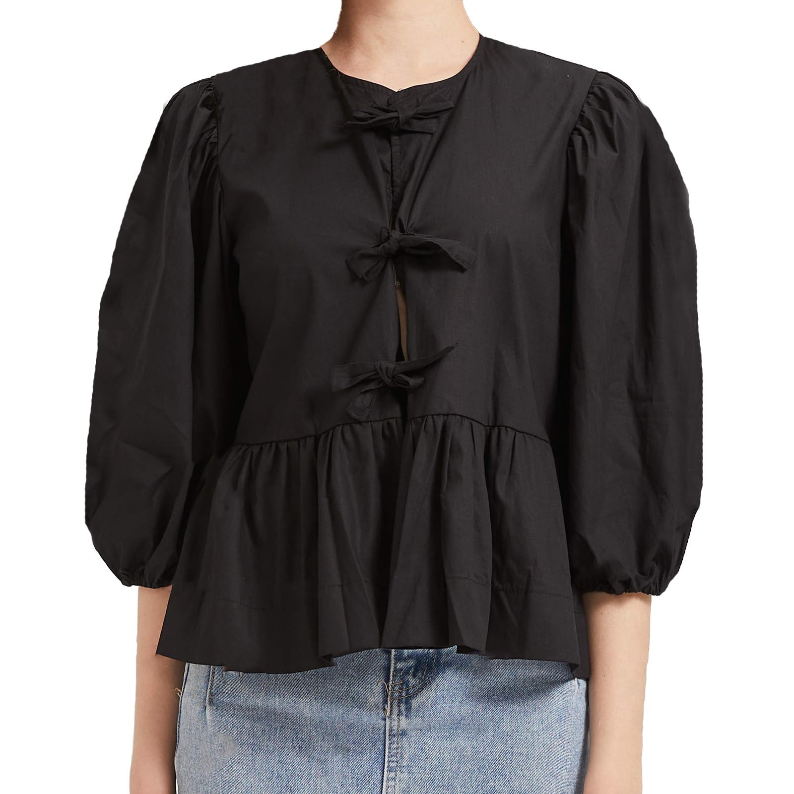 Tie Front Tops Womens Y2k Print Peplum Babydoll Top 3/4 Length Puff Sleeve Coquette Cute Going Out Tops