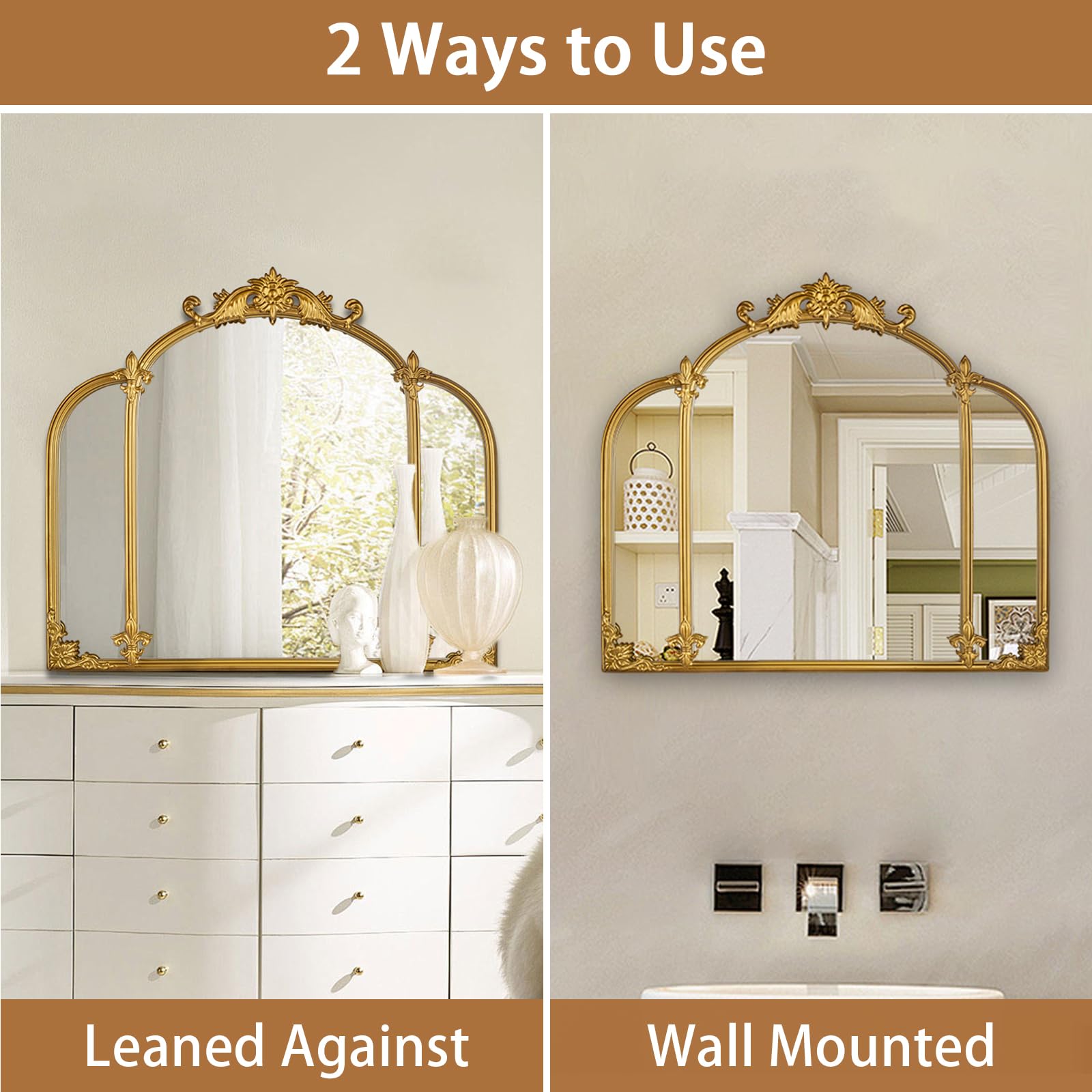 Gold Arch Wall Mirror, Vintage Ornate Baroque Mirror with Metal Frame, Decorative Vanity Mirror 24"x22"