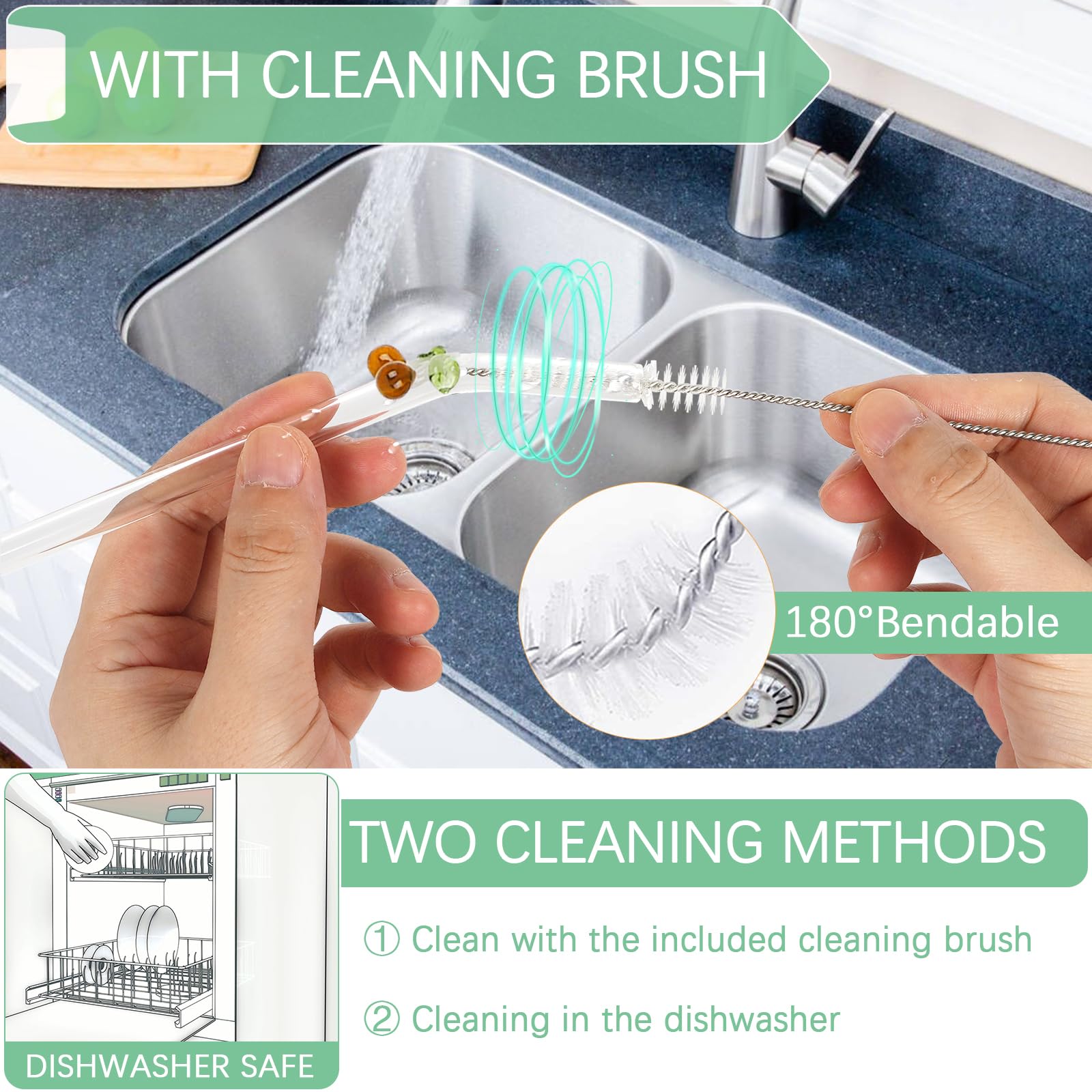 Reusable Straws Clear Glass Straws Colorful Butterfly Design Size 7.8" x 8mm with 1 Cleaning Brush 5 Pcs