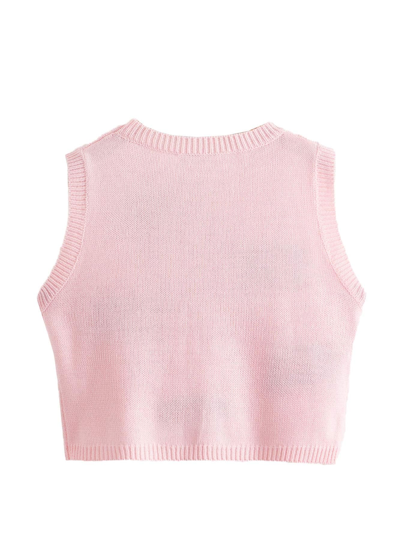 Women's Sleeveless Round Neck Cute Strawberry Sweater Vest Crop Shirt Top