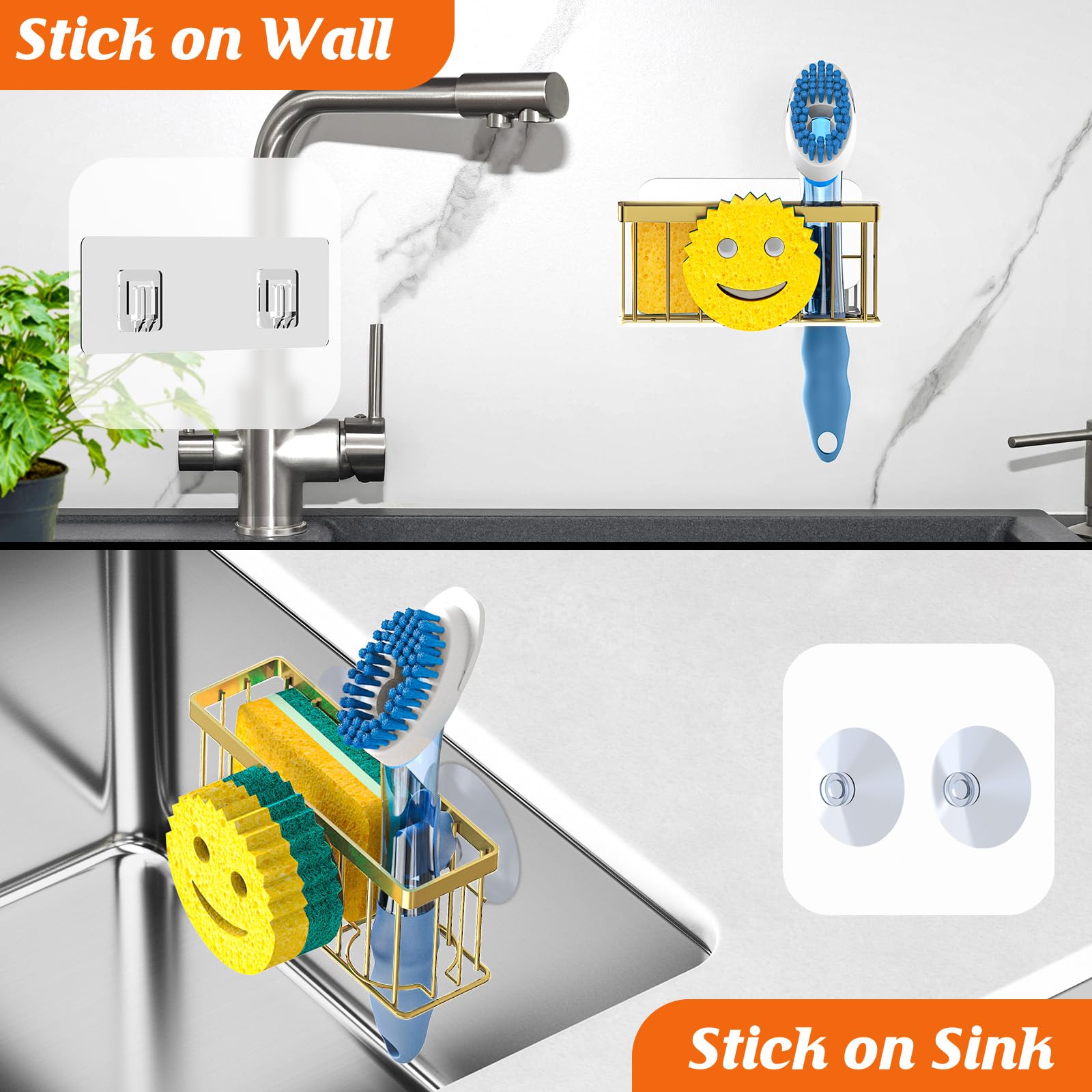 Sponge Holder Smiley Face, Sink Caddy for Kitchen Organizer Sponge Holder with 2 PCS Suction Cups/1 PCS Adhesive Strips