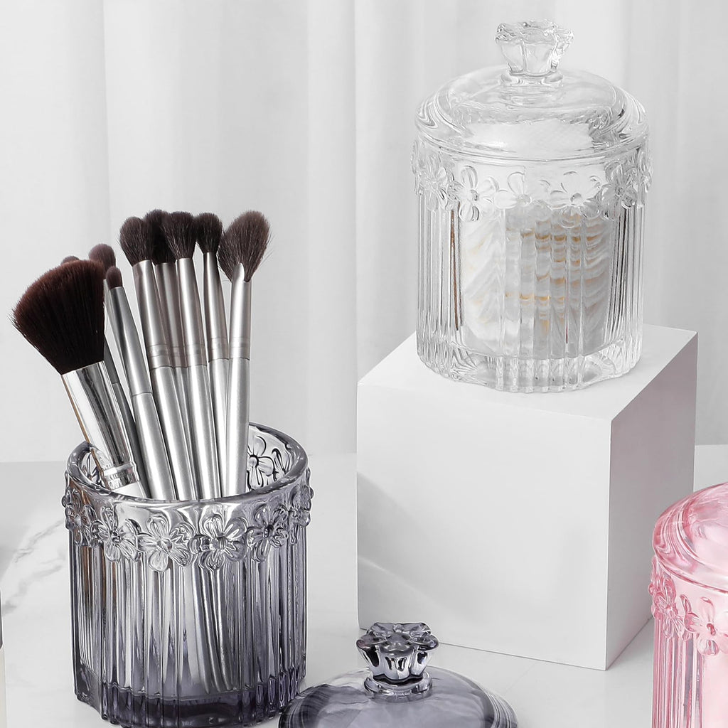Qtip Holder Glass Apothecary Jars with Lids Set Bathroom Canisters Dispenser Organizers and Storage for Cotton Swabs, Balls, Pads, Floss Picks, Candy 2 Pack
