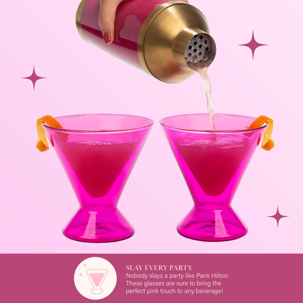 Paris Hilton 2-Piece Martini Glass Set, Double Wall Glass Design, Iridescent with Glitter Hearts - 207mL 7-Ounce