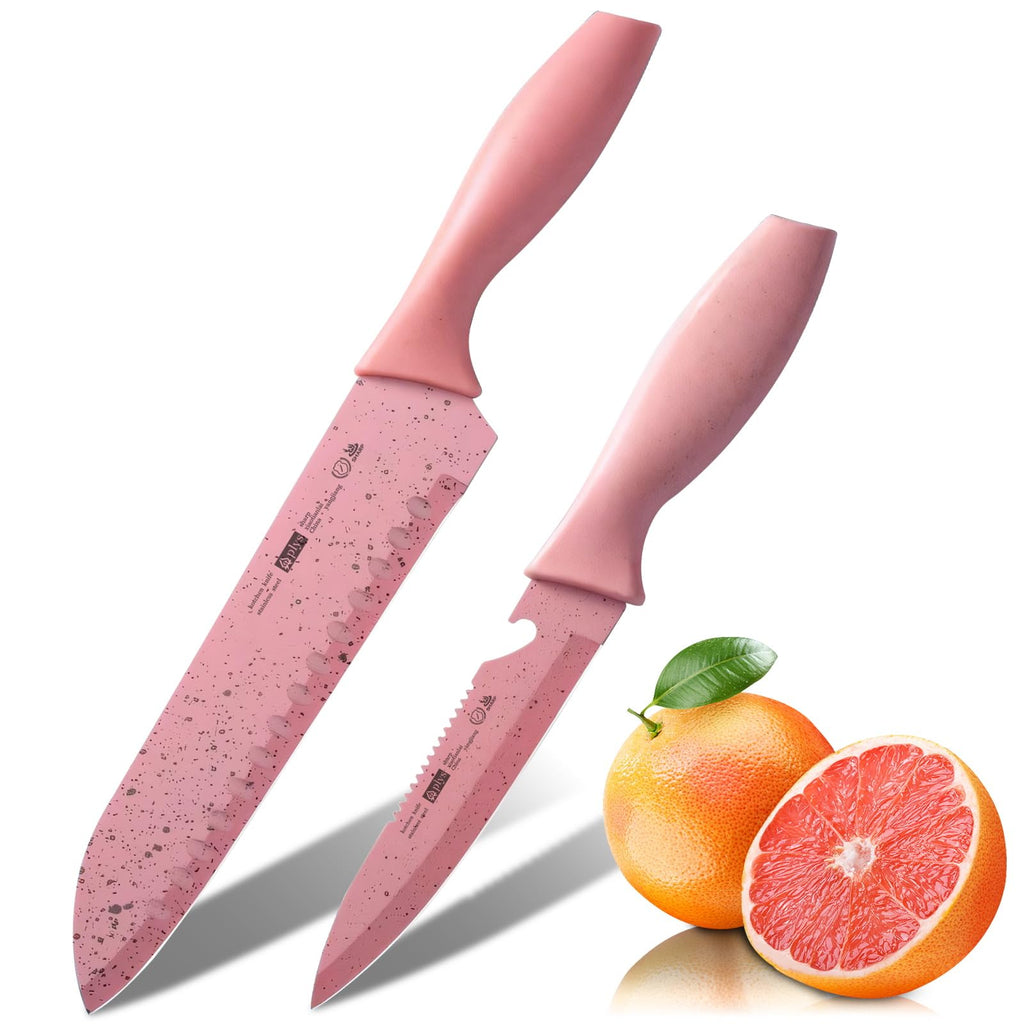 Pink Knife Set of 2, Stainless Steel 4.5" Paring Knives 7" Santoku Knives with Ergonomic Handle, Lightweight Kitchen Knives Set
