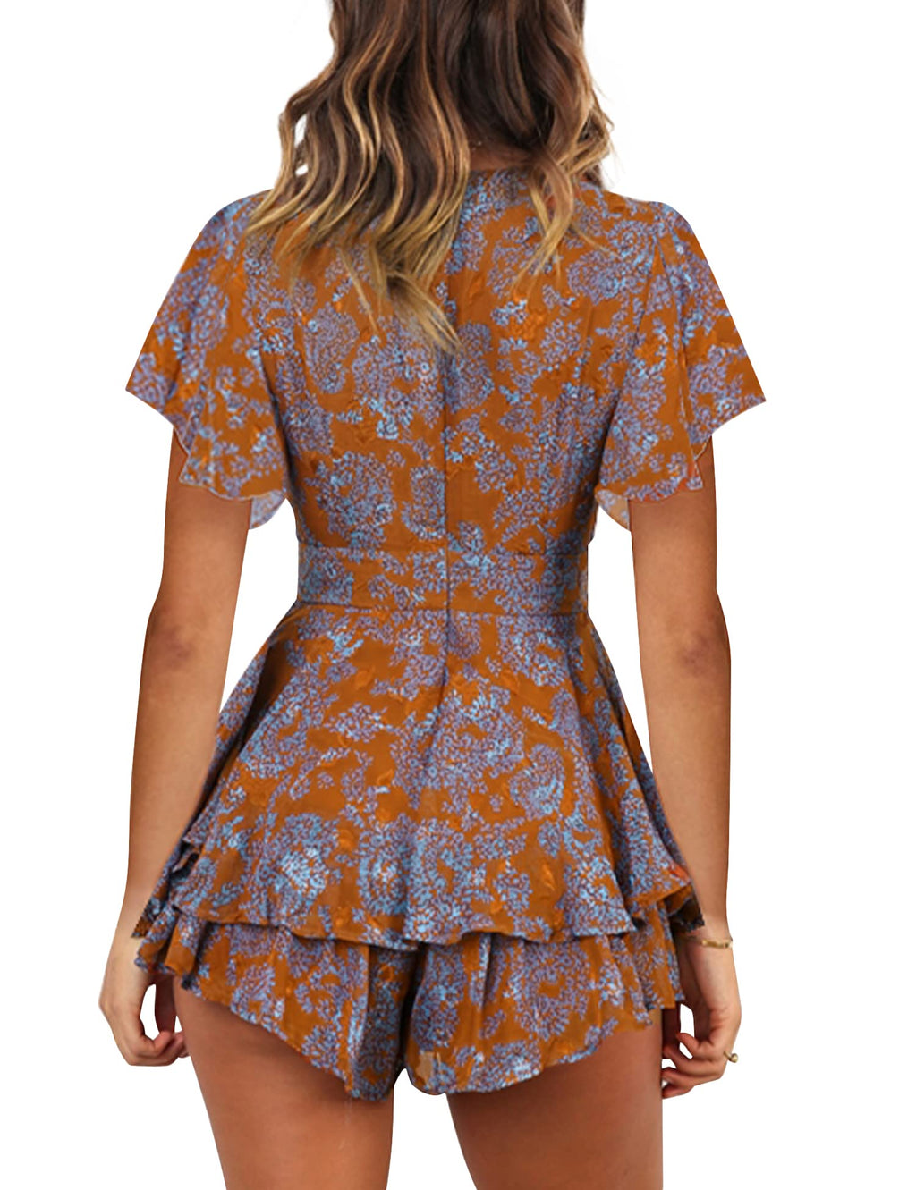 Women's Floral Rompers Jumpsuits V Neck Short Baggy Sleeve Waist Tie Double Layer Ruffle Hem Romper
