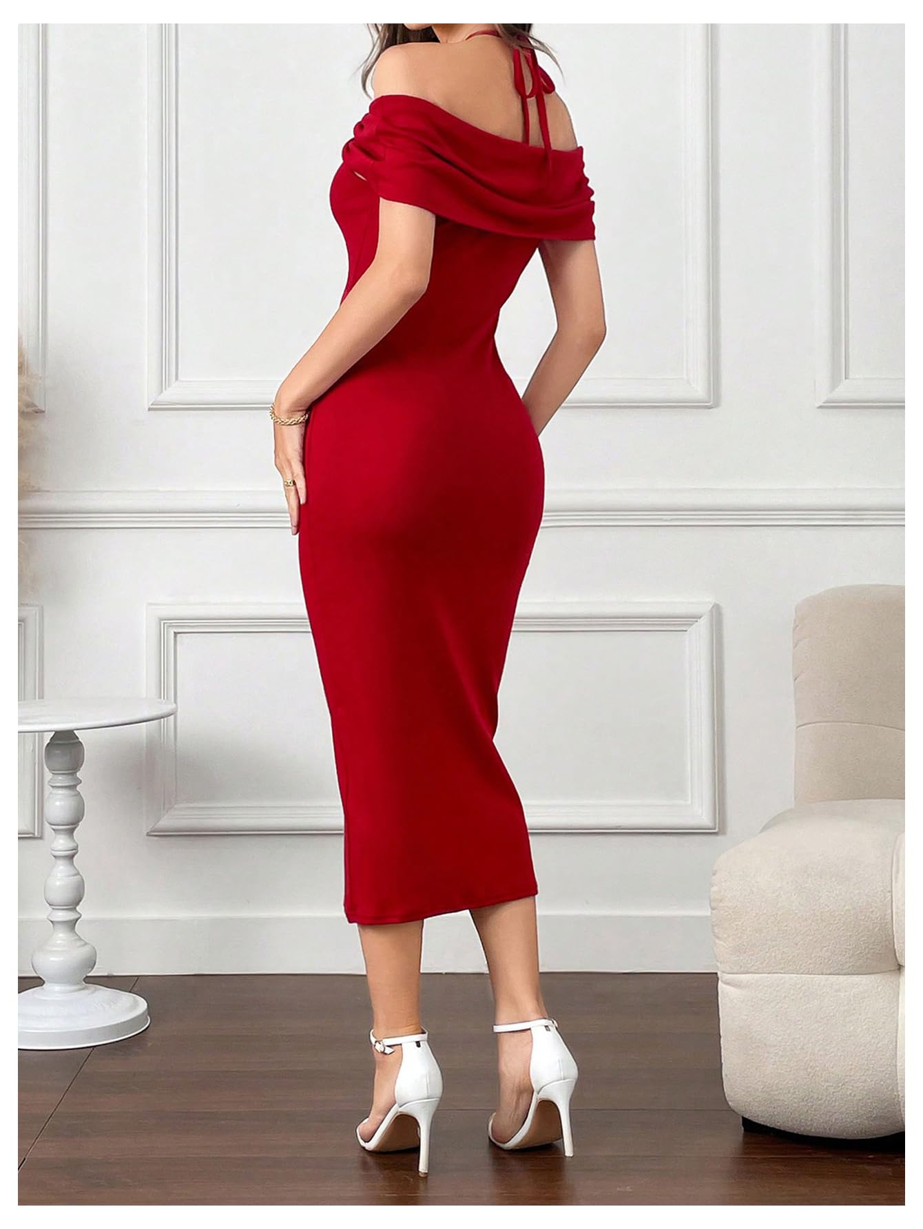 Women's 3D Floral Off The Shoulder Halter Dress Backless Long Bodycon Dress