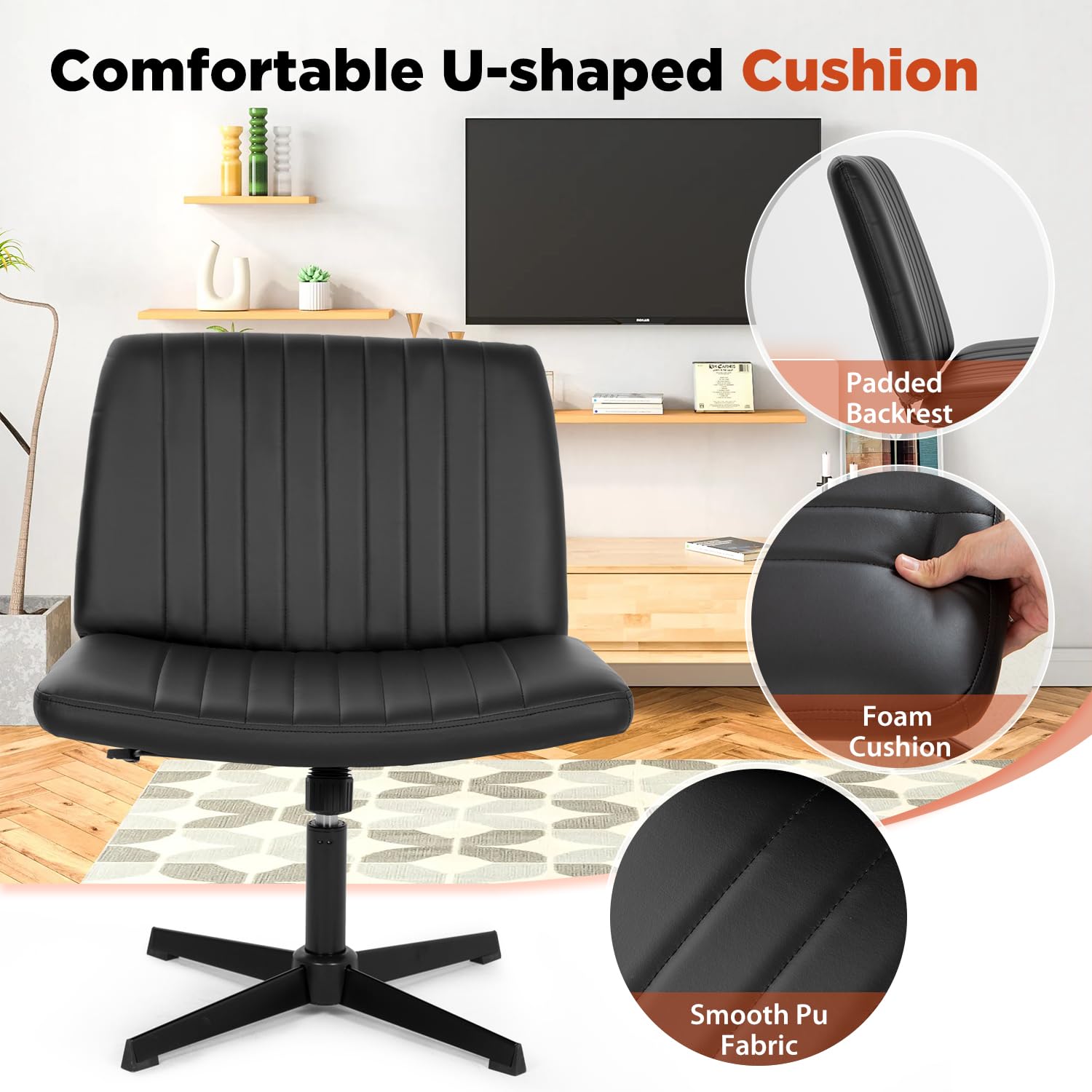 Criss Cross Chair, Armless Cross Legged Wide Comfty Desk Chair with No Wheels Modern Height Adjustable, Swivel Fabric Vanity Chair