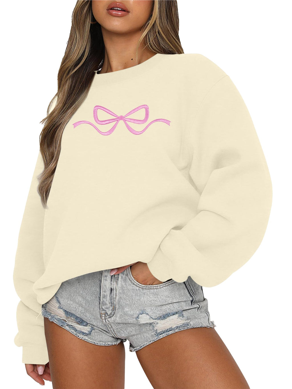 Ladies Bow Sweatshirt Coquette Sweater - Embroidered sweatshirt Clean Girl Aesthetic Shirt Fall Crewneck Pullover