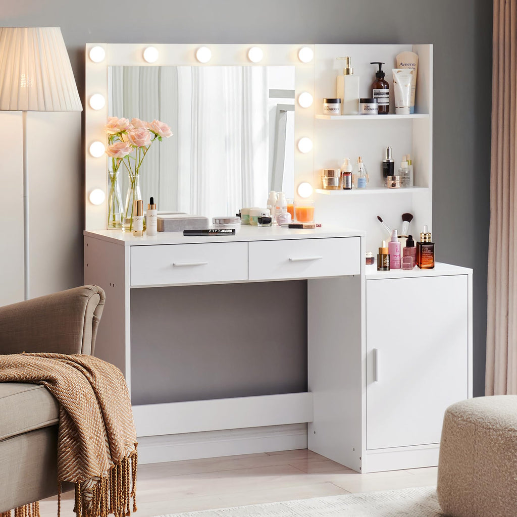 Vanity Desk with Mirror and LED Light Strip,Dressing Table with Large Drawer, 3 Level Storage Dresser & 3 Lighting Modes Adjustable Brightness