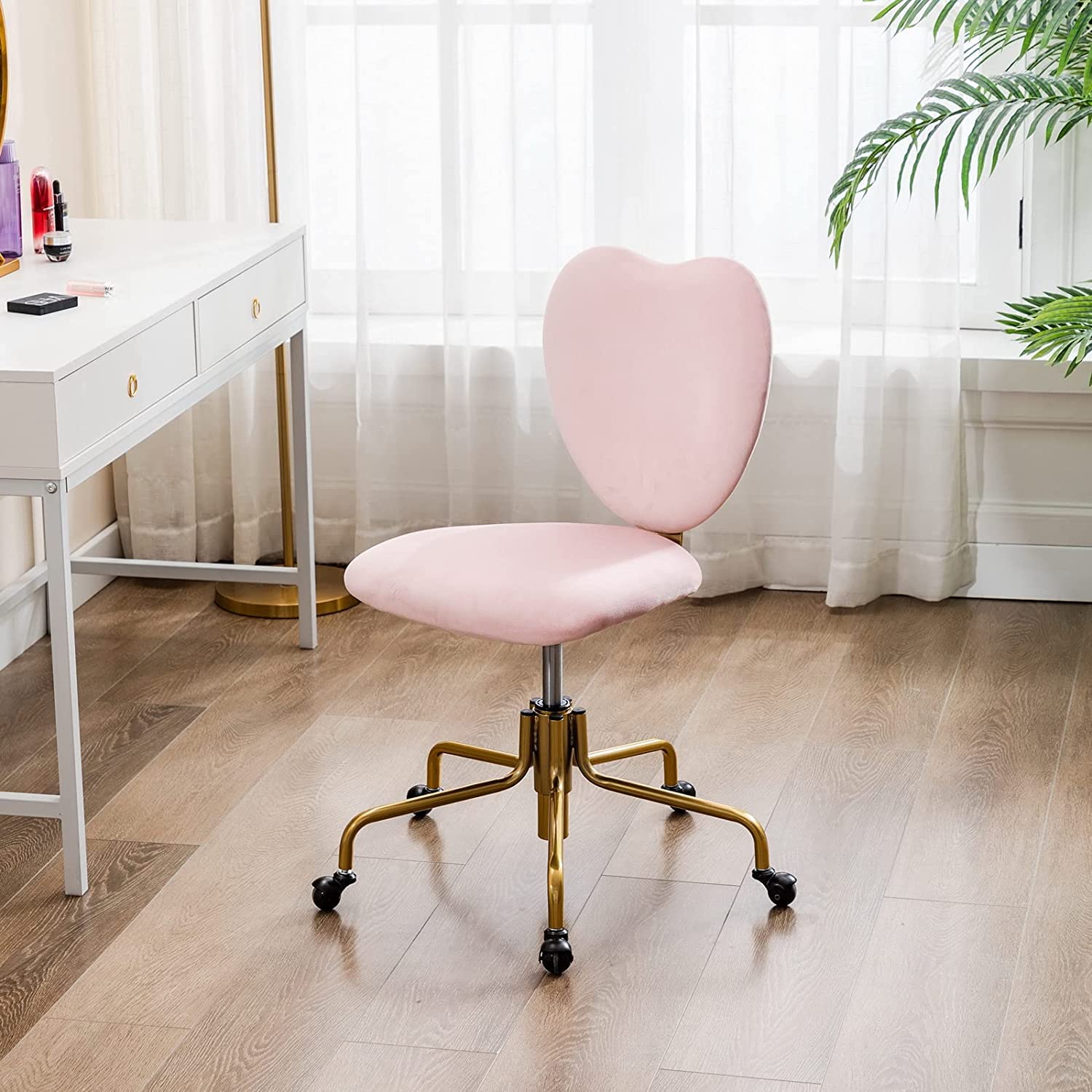 Coquette Adjustable Swivel Desk Chair with Wheels, Pink Upholstered Velvet Office Vanity Task Chair with Heart Back