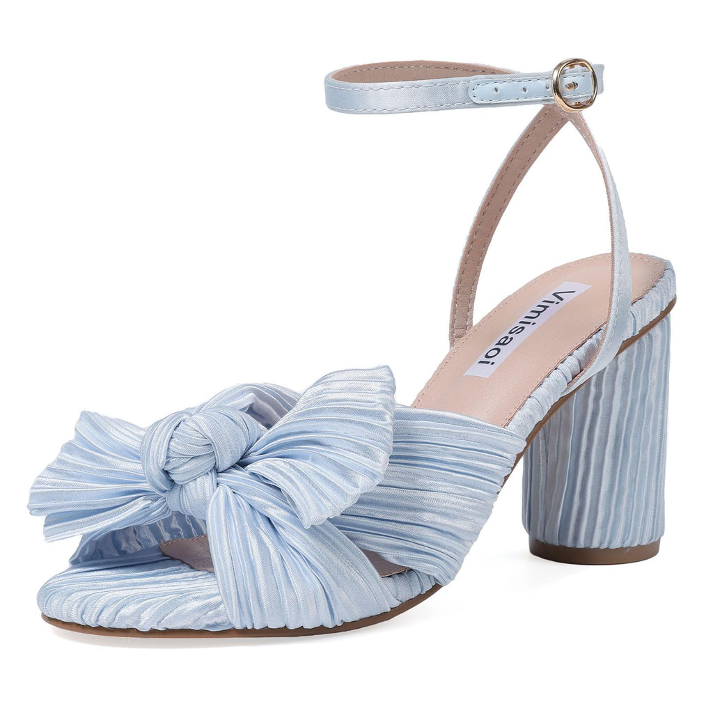 Women's High Block Chunky Heel Sandals Fashion Open Toe Ankle Buckle Strap Pleated Bow Heel