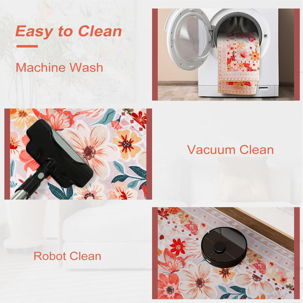 Floral Hallway Runner Rug, Runner Rugs Non Skid Washable, Low Pile Soft Boho Rugs