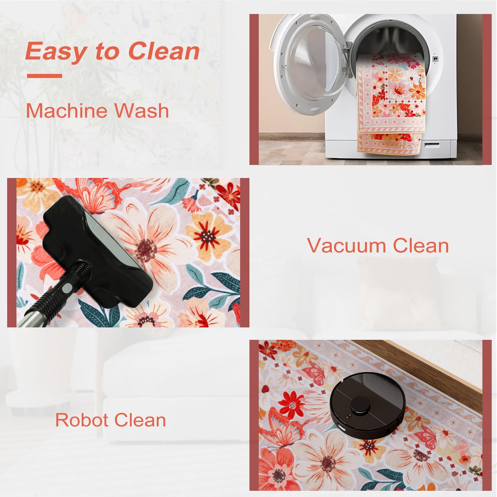 Floral Hallway Runner Rug, Runner Rugs Non Skid Washable, Low Pile Soft Boho Rugs