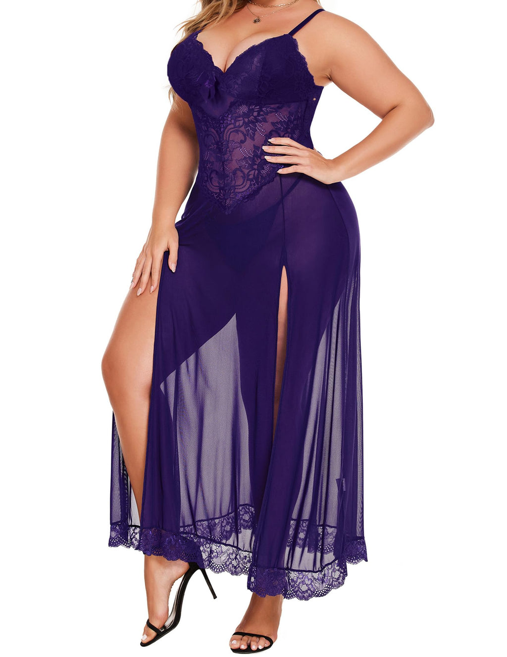 Plus Size Lingerie For Women Babydoll Sexy Mesh Maxi Nightdress Exotic Sleepwear Side Slits