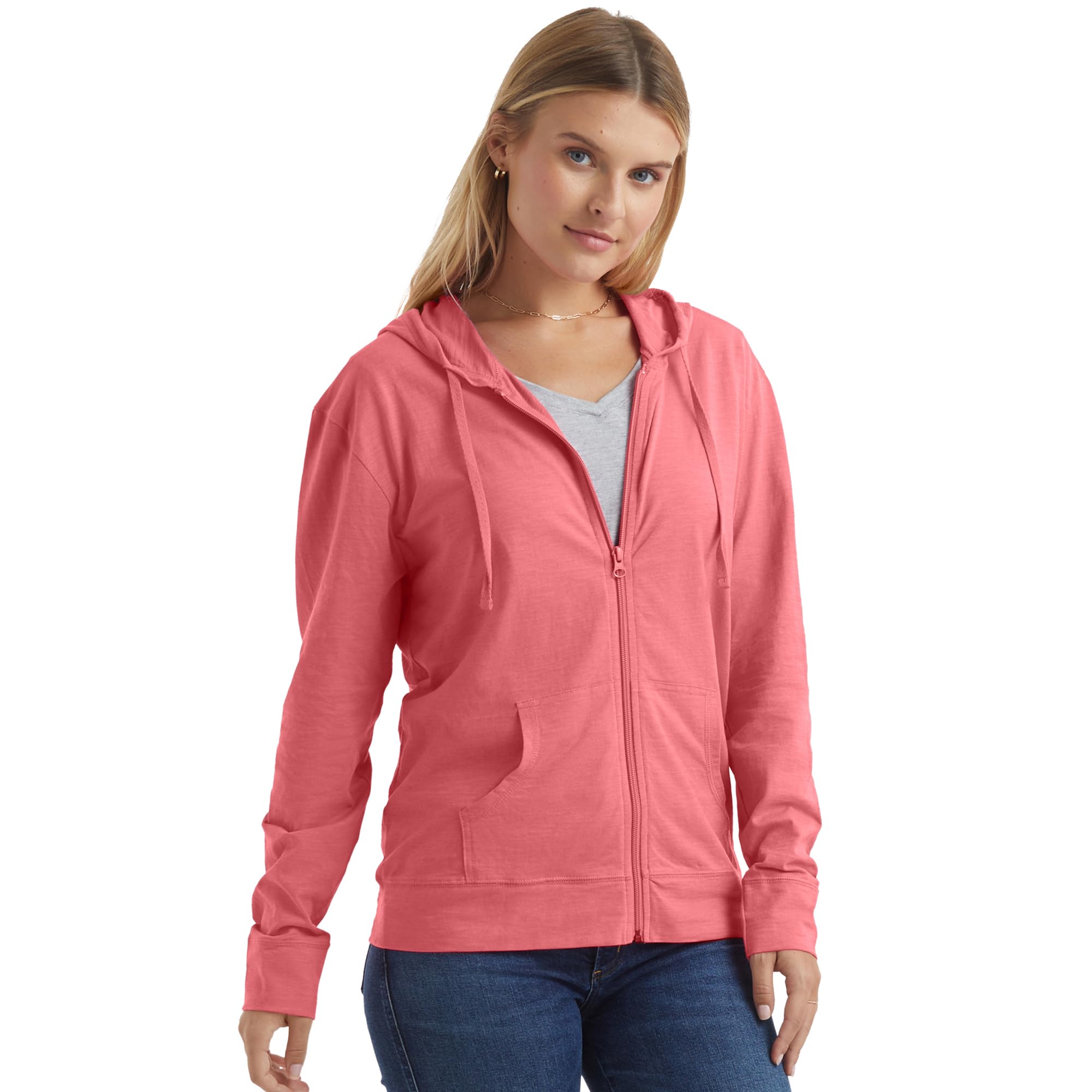 Women's Slub Knit Full-Zip Hoodie, Textured Cotton Zip-Up T-Shirt Hoodie