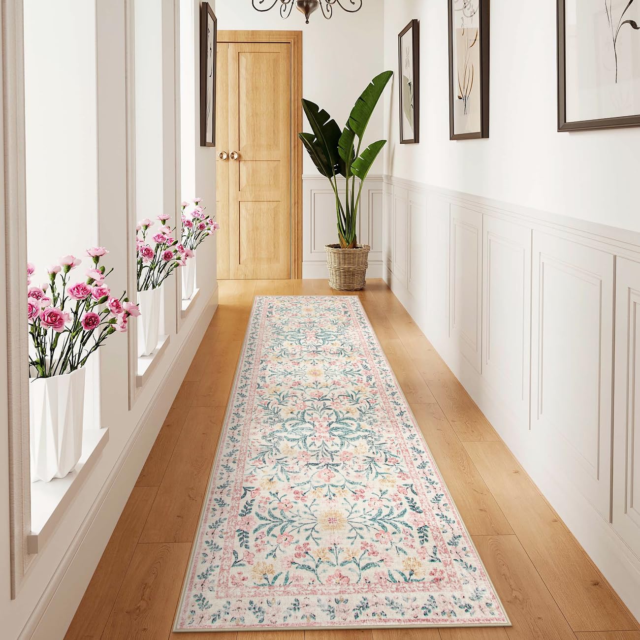 Machine Washable Boho Soft Floral Carpet Non Slip, Indoor Ultra-Thin Floor Carpet for Kid Room Living Room Dorm
