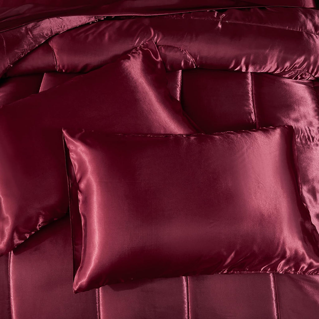 Satin Comforter Set with Sheet Set Full Silk Like Hot Pink Bed in a Bag Luxury Silky Bedding with 1 Comforter, 1 Flat Sheet, 1 Fitted Sheet, 4 Pillowcases, 1 Cushion Cover (Full, Hot Pink)