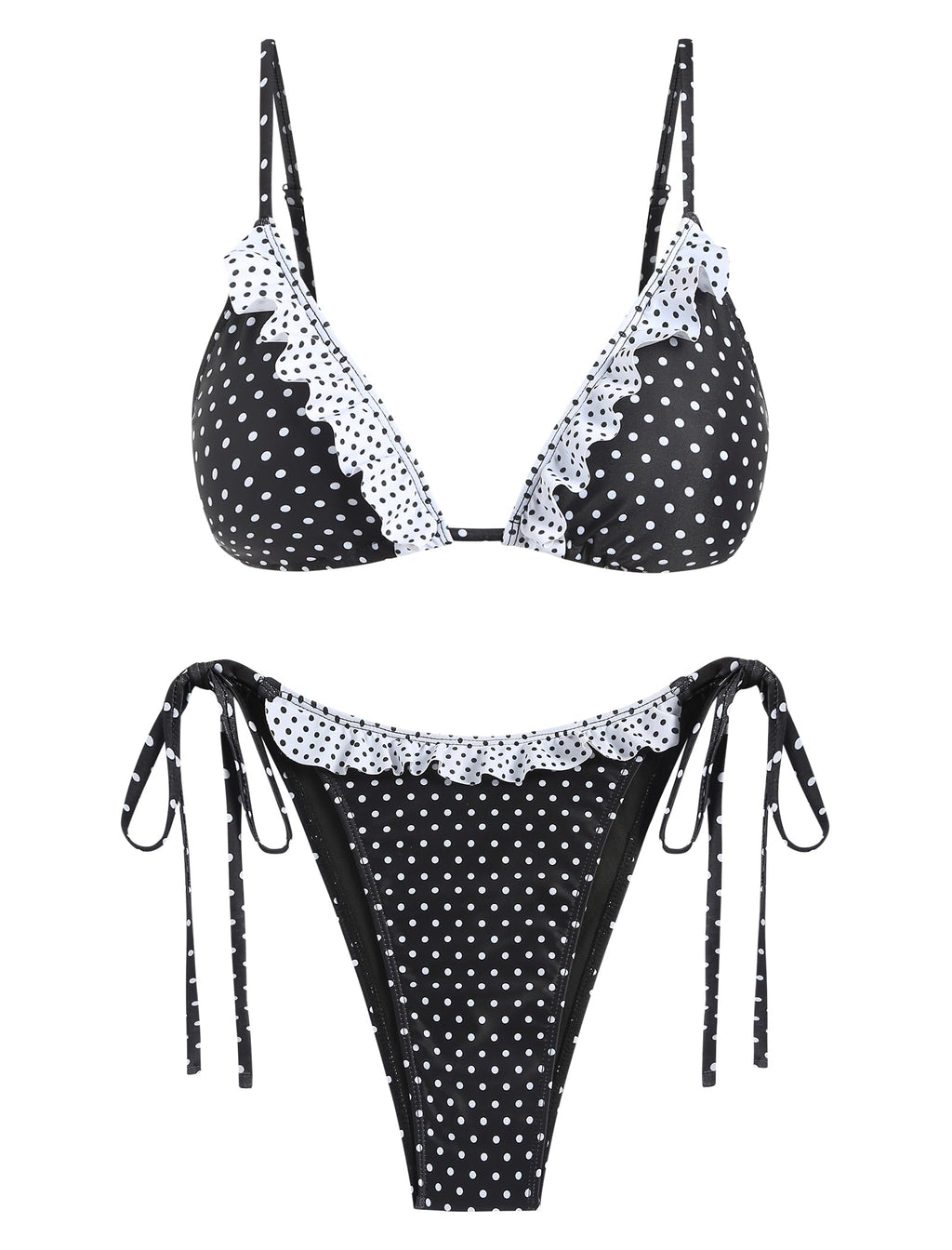 Women's Triangle Bikini Lace Frilled Ruffles Gingham Print Tie Side Spaghetti Strap 2 Pieces Bikini Swimsuit