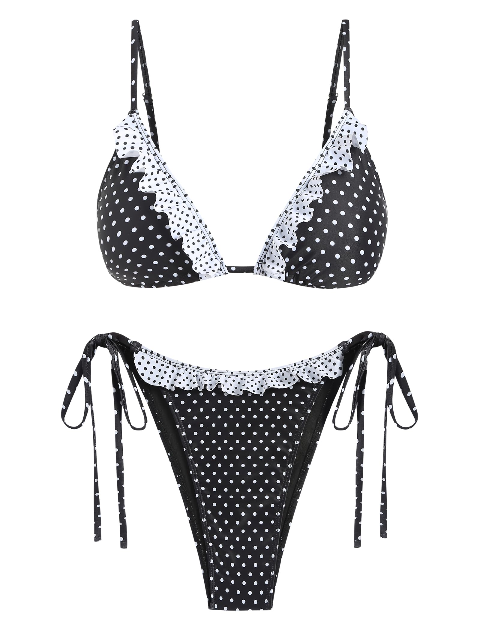 Women's Triangle Bikini Lace Frilled Ruffles Gingham Print Tie Side Spaghetti Strap 2 Pieces Bikini Swimsuit