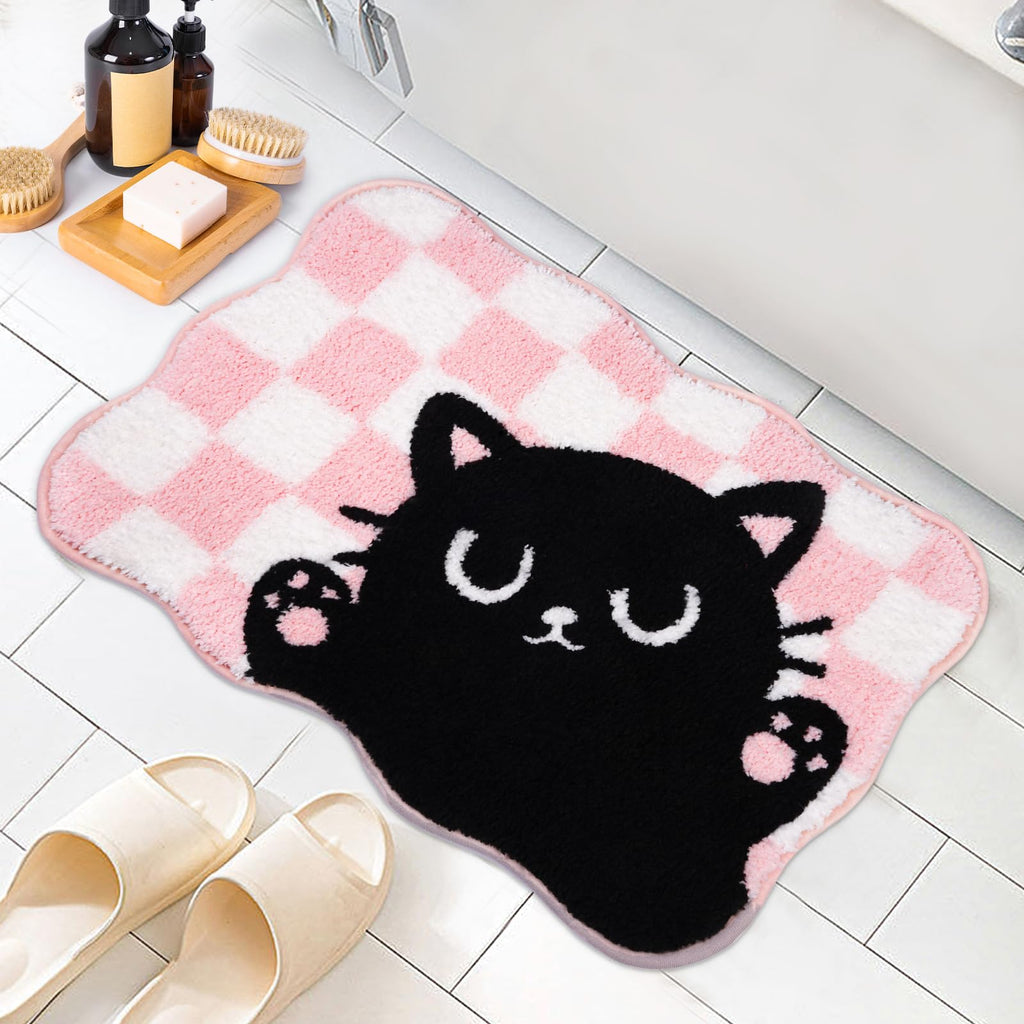 Pink Bathroom Rug - Cat Bath Rugs,Soft and Absorbent,Non Slip Cute Bath Mat for Shower Tub Bedroom,24" x 16"