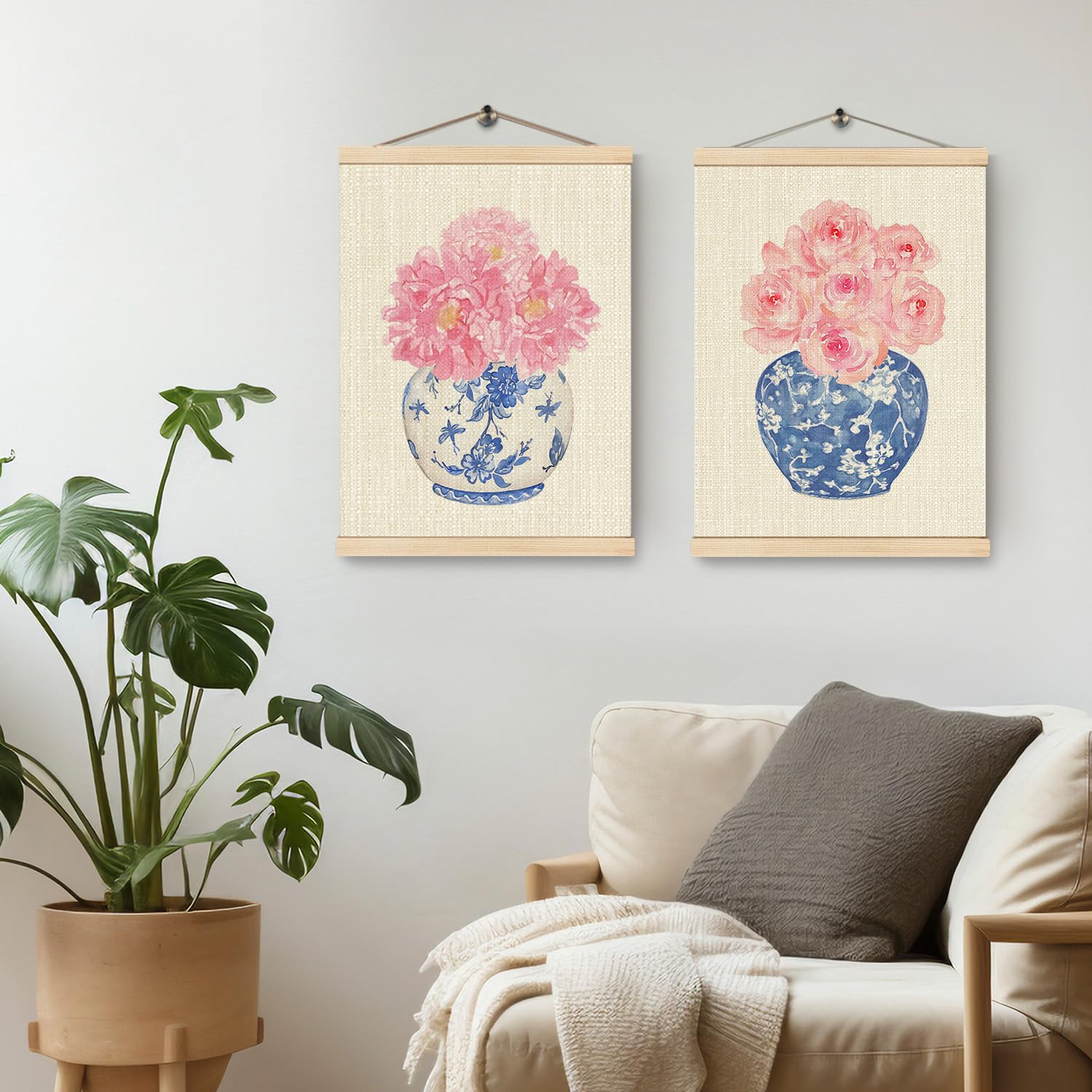 Chinoiserie Porcelain Poster Hanger Frame Floral Hanging Wall Decor