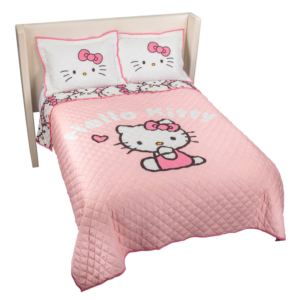 Hello Kitty Pink Stripes & Hearts Quilt & Sham Set - Super Soft Lightweight Bedspread Set