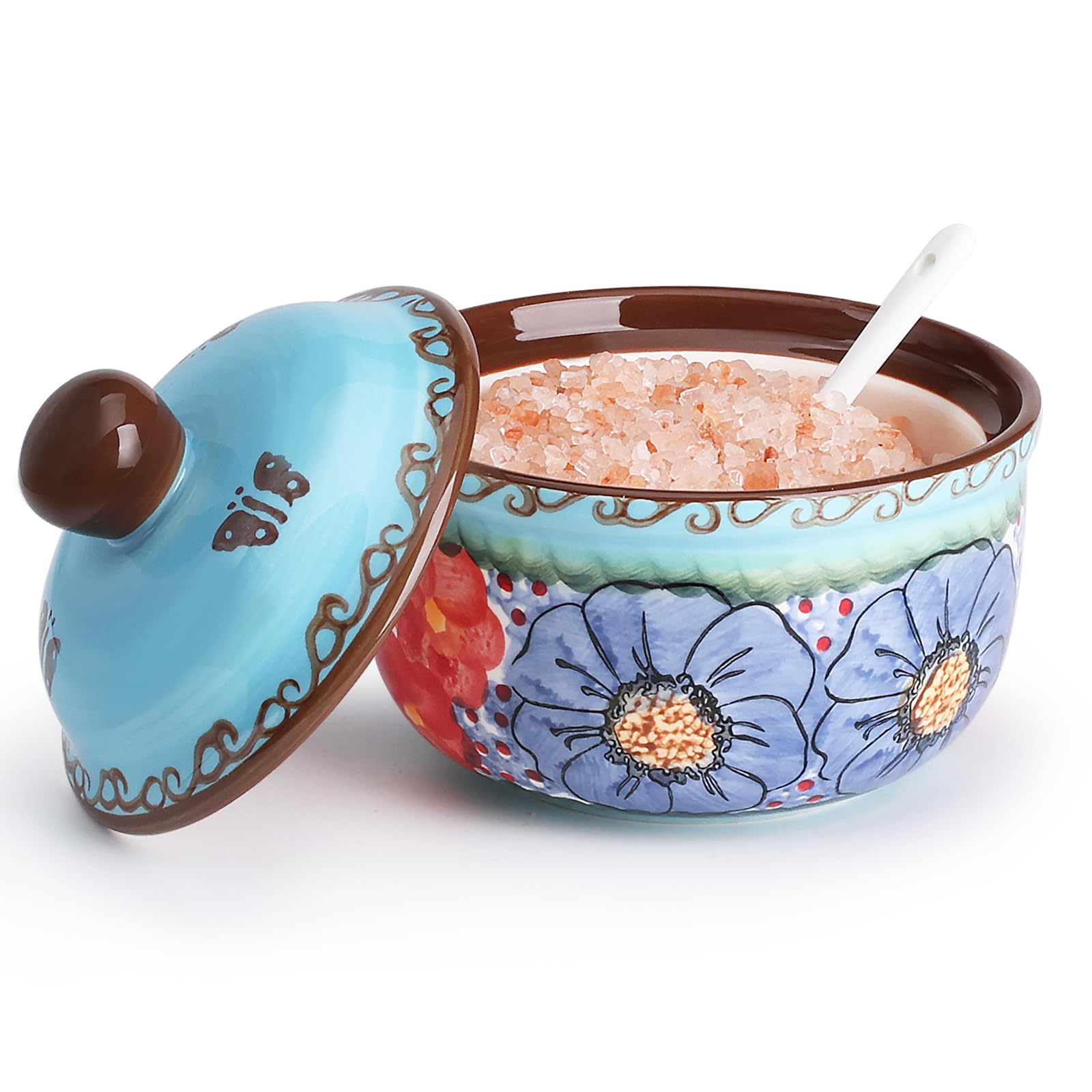Handmade Sugar Bowl with Lid and Spoon, 10 Ounce Ceramic Hand-Painted Sugar Jar for Kitchen Oven, Dishwasher & Microwave Safe, Glazed