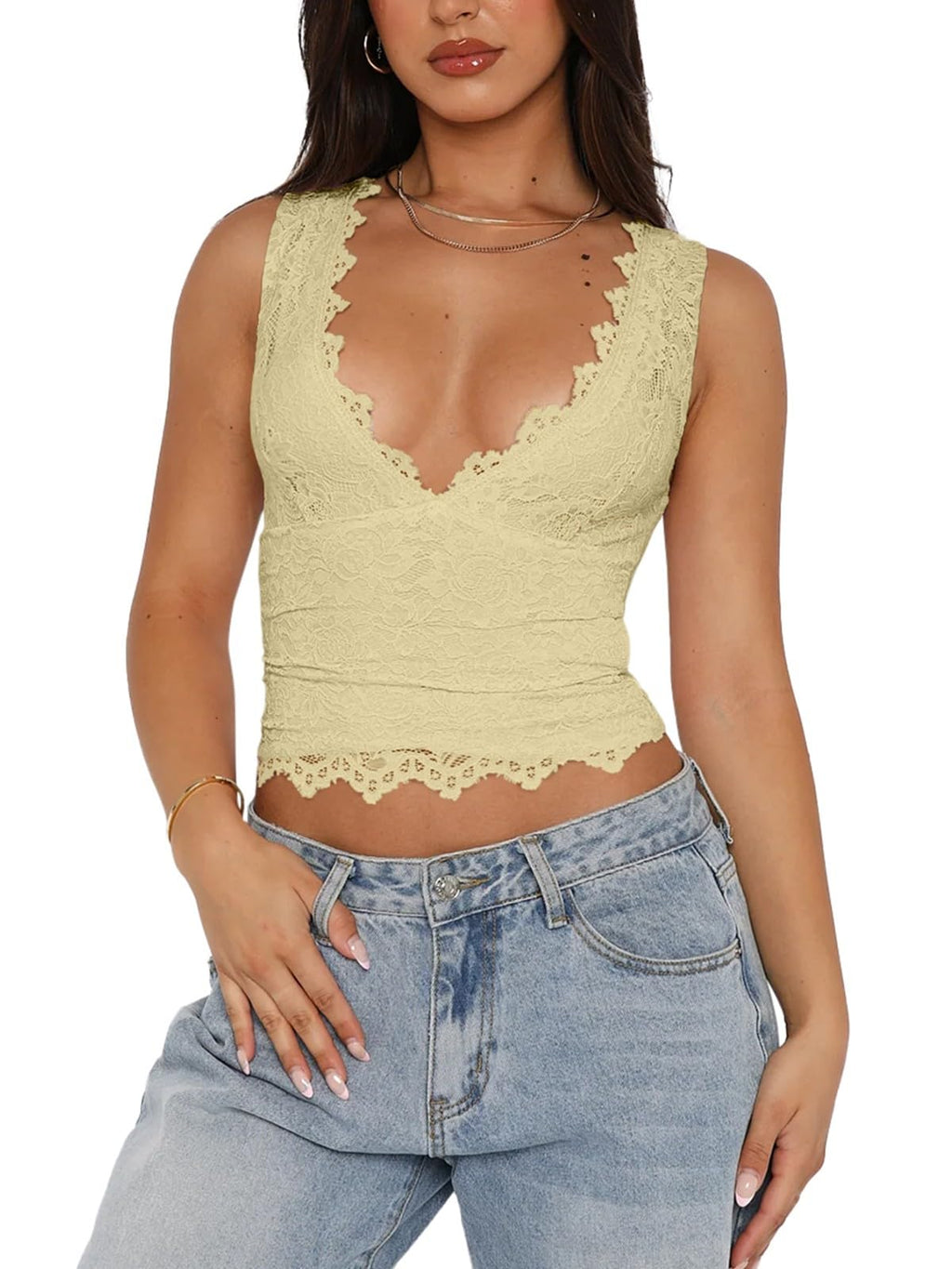 Women's Sexy V-Neck Sleeveless Lace Cropped Tank Top â€?Y2K Trendy Double-Lined