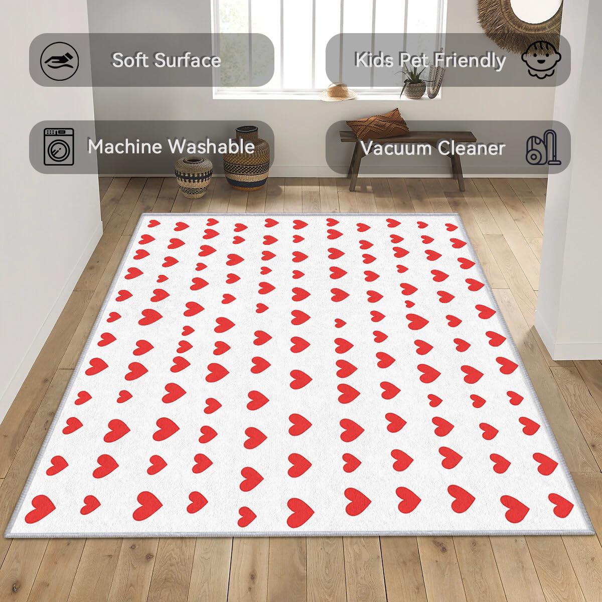 Red Heart Rug - Day Area Rug & Room Decor, Modern Carpet & Home Decor, Washable Non Slip Anti Skid Rugs