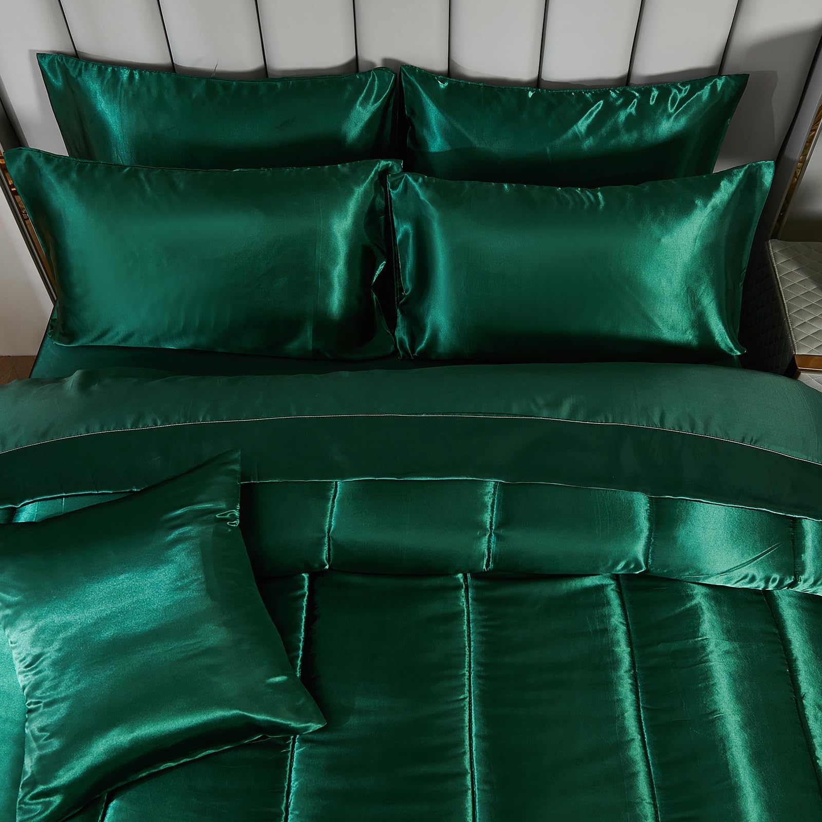 Satin Comforter Set with Sheet Set Full Silk Like Hot Pink Bed in a Bag Luxury Silky Bedding with 1 Comforter, 1 Flat Sheet, 1 Fitted Sheet, 4 Pillowcases, 1 Cushion Cover (Full, Hot Pink)