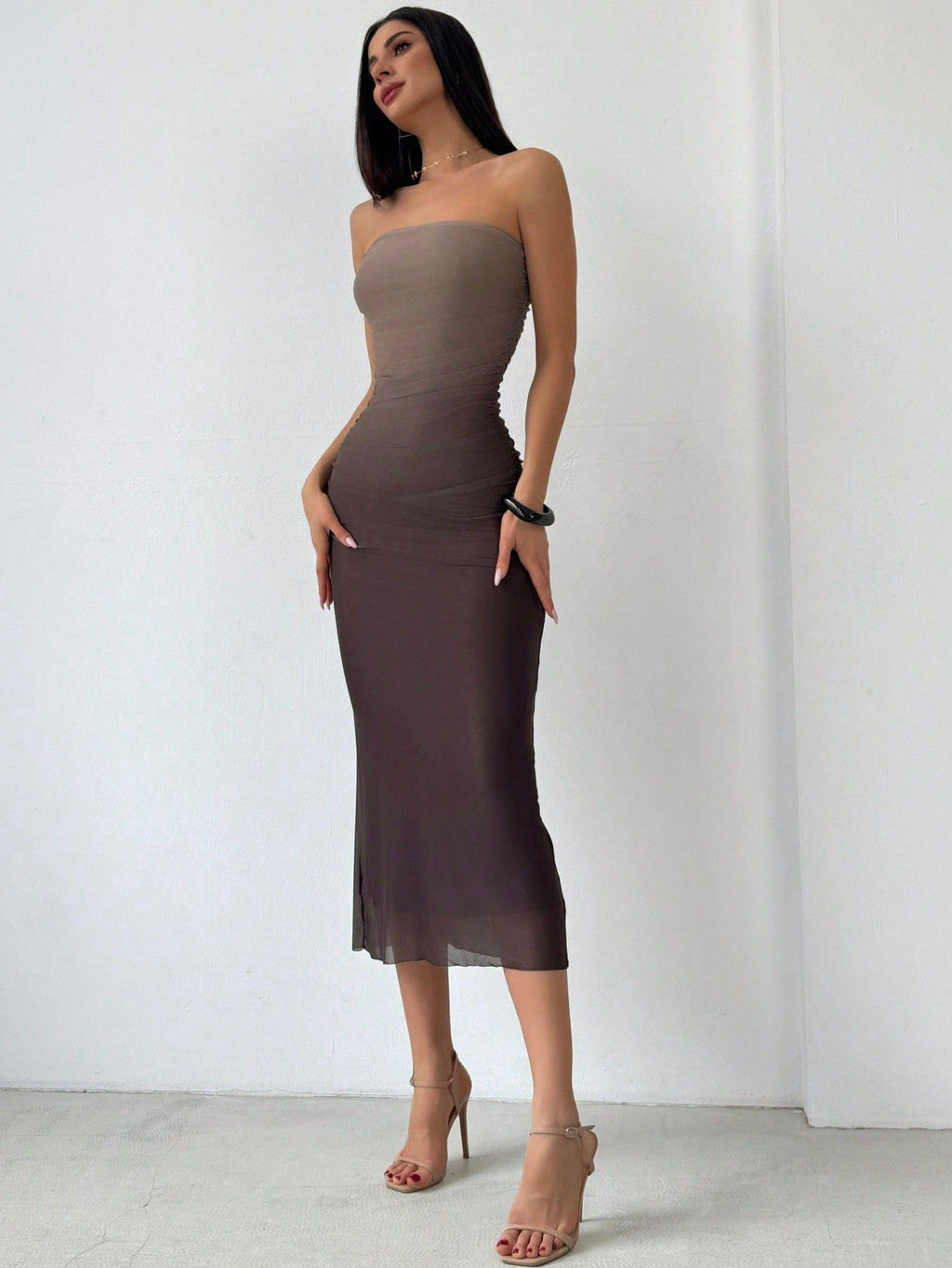 Women's Summer Gradient Strapless Tube Dress Bodycon Long Dress Side Slit Mesh Layered