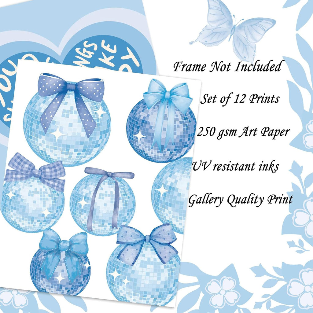Coquette 12Pcs Blue Wall Decor - Bow Knot Cherry Wall Art Prints Decorative Aesthetic Pictures for Girls Home Office Room Gallery Party, 8 x 10 Inch, Unframed