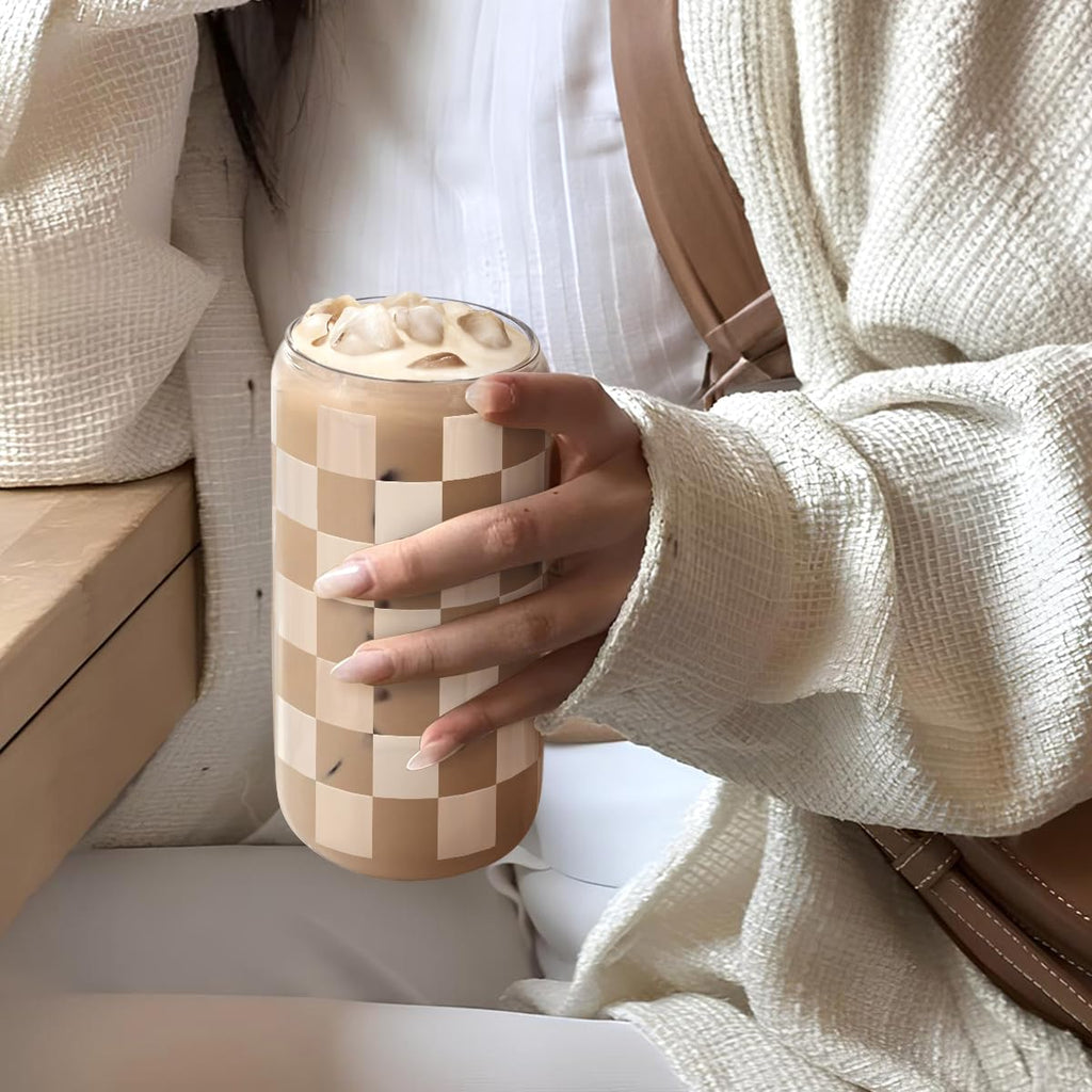 Glass Cup with Lid & Straw, Iced Coffee Aesthetic Glass Can, 16oz