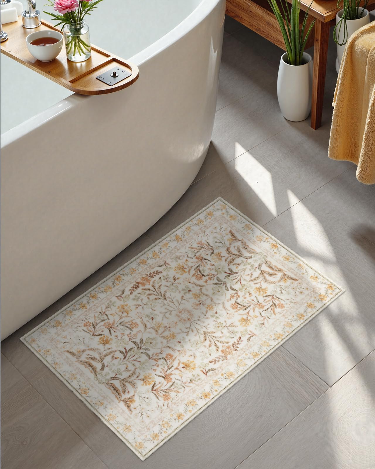 New Boho Floral Bath Rugs, Non Slip Washable Bathroom Rugs Fit Under Door, Ultra Soft and Absorbent Bath Mat