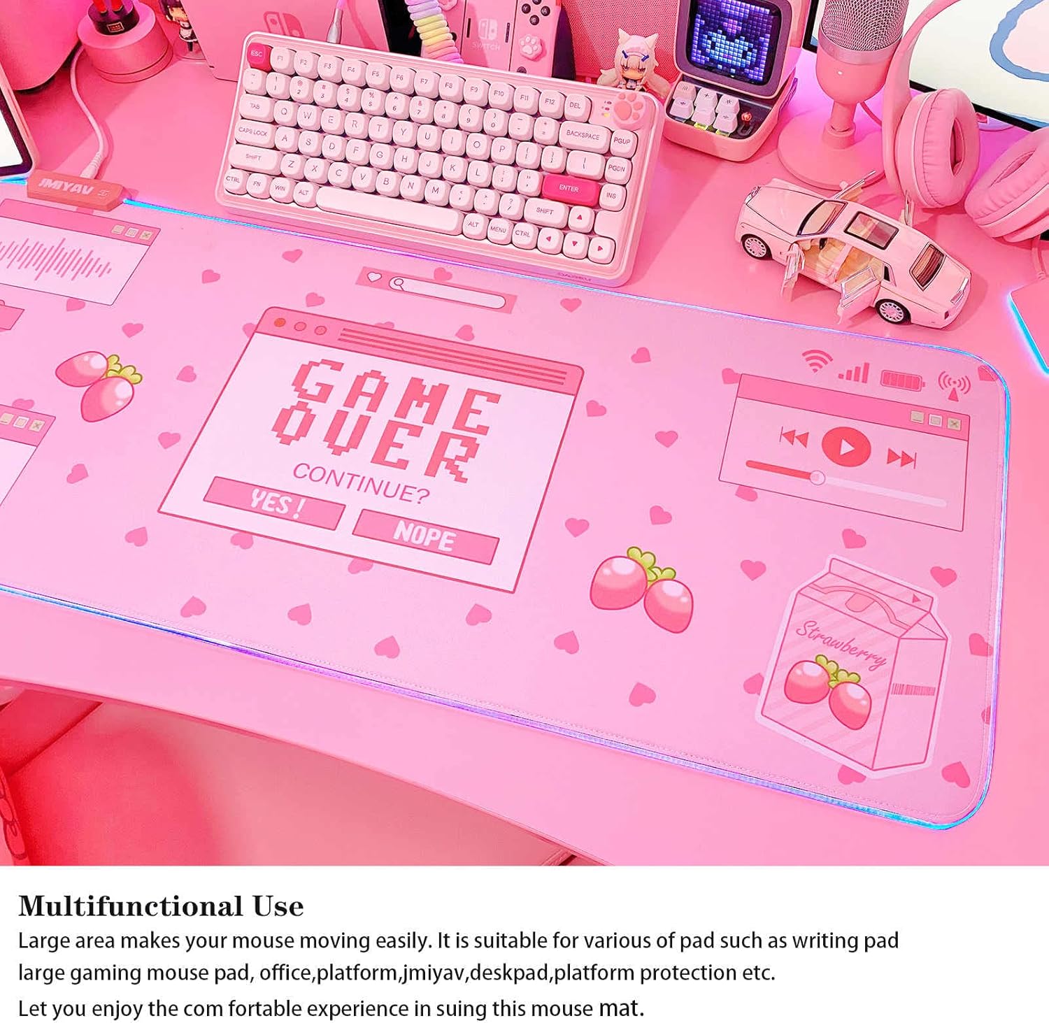 Pink RGB Gaming Mouse Pad 31.5x12 Inch PC XL Large Extended Glowing Led Light Up Desk Pad Non-Slip Rubber Base Computer Mouse Pad Cute Mousepad Mat 31.5x12 Inch