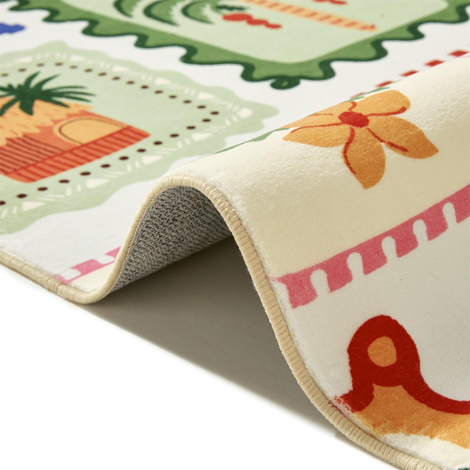 Summer Tropical Area Rug in Green and Orange Washable, Checkered Abstract Jungle Animals Cute Fun Aesthetic Throw Rug Accent Carpet for Bedroom Entryway Living Room Dorm Nursery