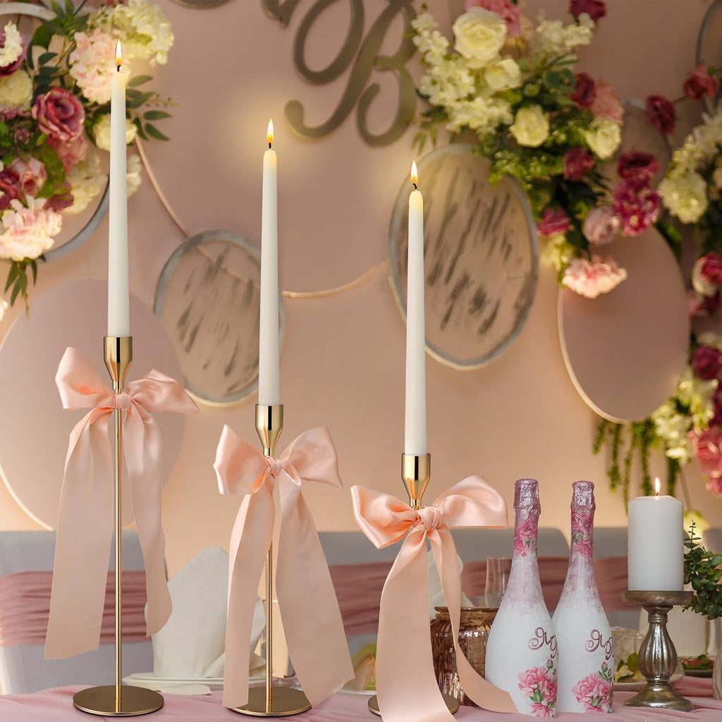 Gold Candlestick Holders with Stain Bow and Long Candles Metal Taper Candle Holders Champagne Pink Satin Bow Coquettish Decor