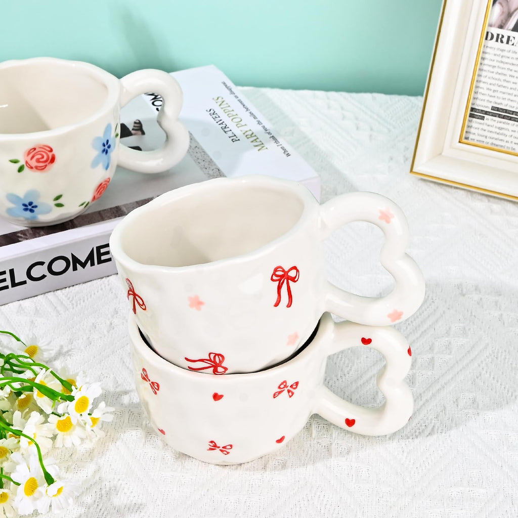 Ribbon Bow Ceramic Mug, Cute Creative Heart Handle Mug Design, 10.5 oz/300 ml